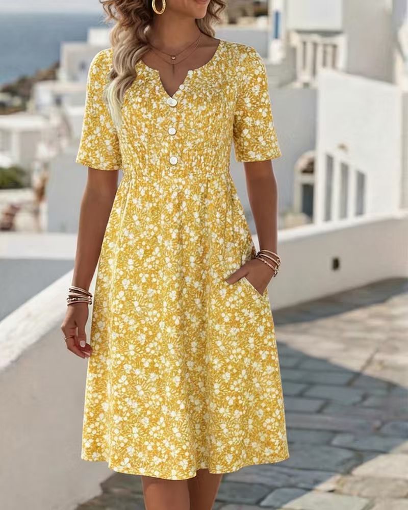 Retro Floral Button-Front Pocket A-line Dress -Loose Fit