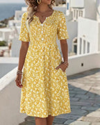 Retro Floral Button-Front Pocket A-line Dress -Loose Fit