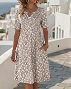 Retro Floral Button-Front Pocket A-line Dress -Loose Fit
