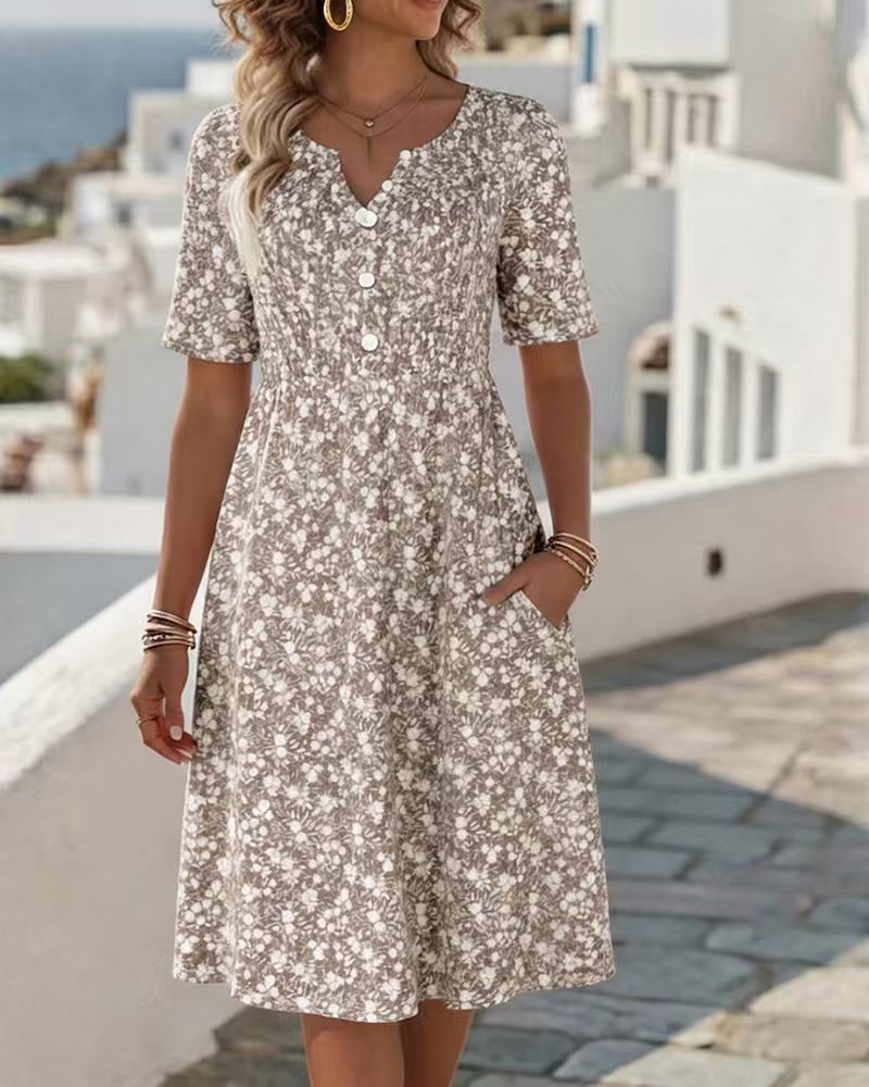Retro Floral Button-Front Pocket A-line Dress -Loose Fit