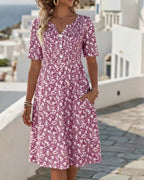 Retro Floral Button-Front Pocket A-line Dress -Loose Fit