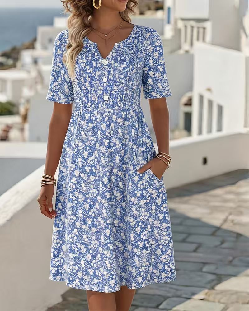 Retro Floral Button-Front Pocket A-line Dress -Loose Fit