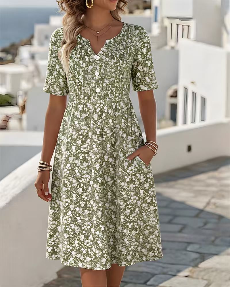 Retro Floral Button-Front Pocket A-line Dress -Loose Fit
