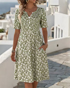 Retro Floral Button-Front Pocket A-line Dress -Loose Fit