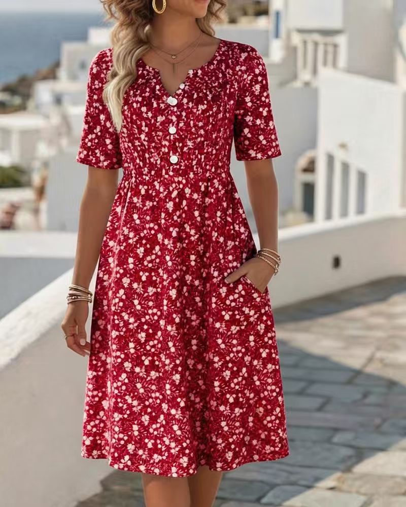 Retro Floral Button-Front Pocket A-line Dress -Loose Fit
