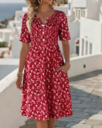 Retro Floral Button-Front Pocket A-line Dress -Loose Fit