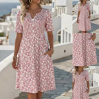 Retro Floral Button-Front Pocket A-line Dress -Loose Fit