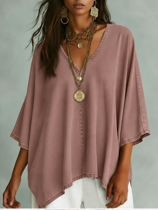 📦📦LAST DAY SAVE 49% ⏰Women’s Relaxed V-Neck Chambray Blouse – Loose Fit & Plus-Size Friendly