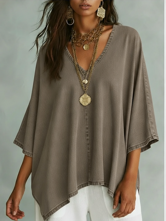 📦📦LAST DAY SAVE 49% ⏰Women’s Relaxed V-Neck Chambray Blouse – Loose Fit & Plus-Size Friendly