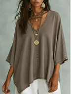 📦📦LAST DAY SAVE 49% ⏰Women’s Relaxed V-Neck Chambray Blouse – Loose Fit & Plus-Size Friendly