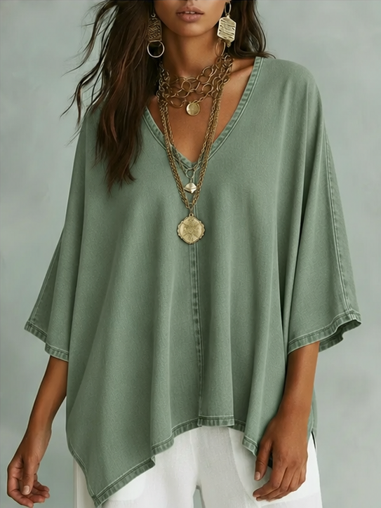 📦📦LAST DAY SAVE 49% ⏰Women’s Relaxed V-Neck Chambray Blouse – Loose Fit & Plus-Size Friendly