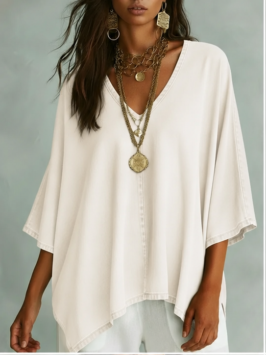 📦📦LAST DAY SAVE 49% ⏰Women’s Relaxed V-Neck Chambray Blouse – Loose Fit & Plus-Size Friendly