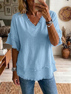 New Arrivals🔥 Casual Short-sleeve Raw-hem Linen-blend Top