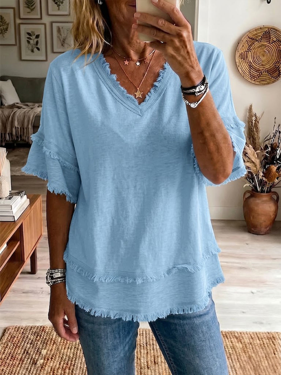 New Arrivals🔥 Casual Short-sleeve Raw-hem Linen-blend Top