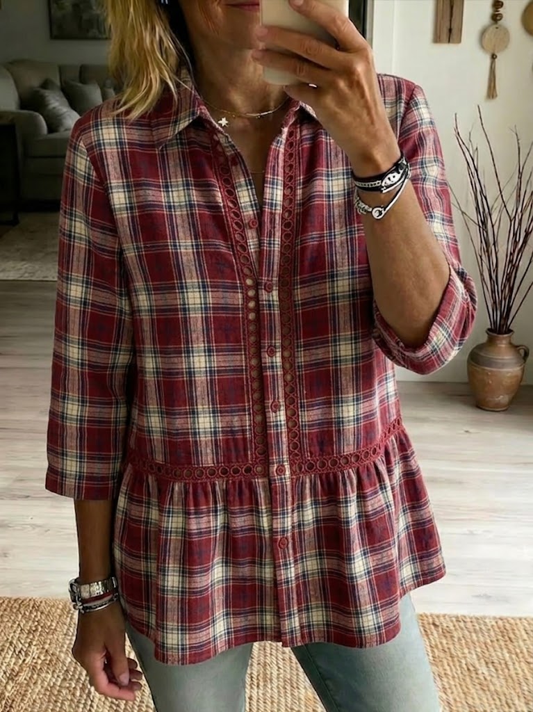 New Arrivals🔥 Plaid Cotton Linen Shirt | Patchwork Openwork & Satin Ribbon Accent
