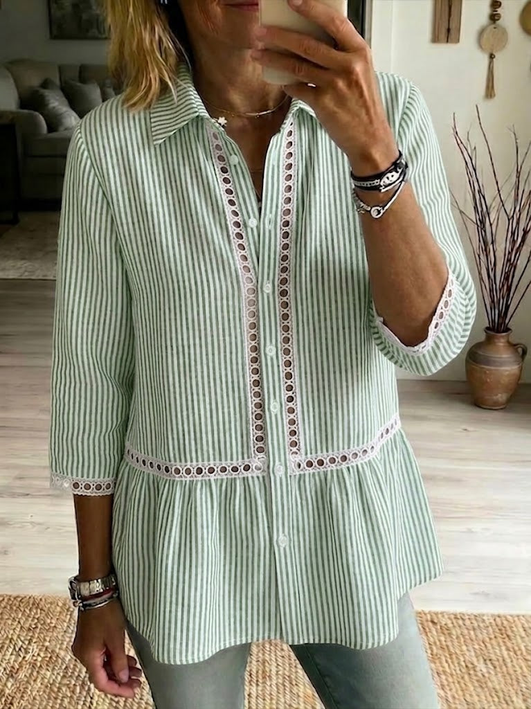 New Arrivals🔥 Women's Casual Patchwork Cutout Shirt, Striped Webbing Linen Cotton Top