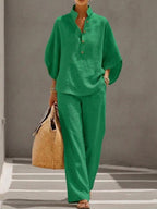 Plus Size Friendly Women’s Batwing Sleeve Linen Cotton Two-Piece Set – Casual Shirt & Wide Leg Pants Outfit