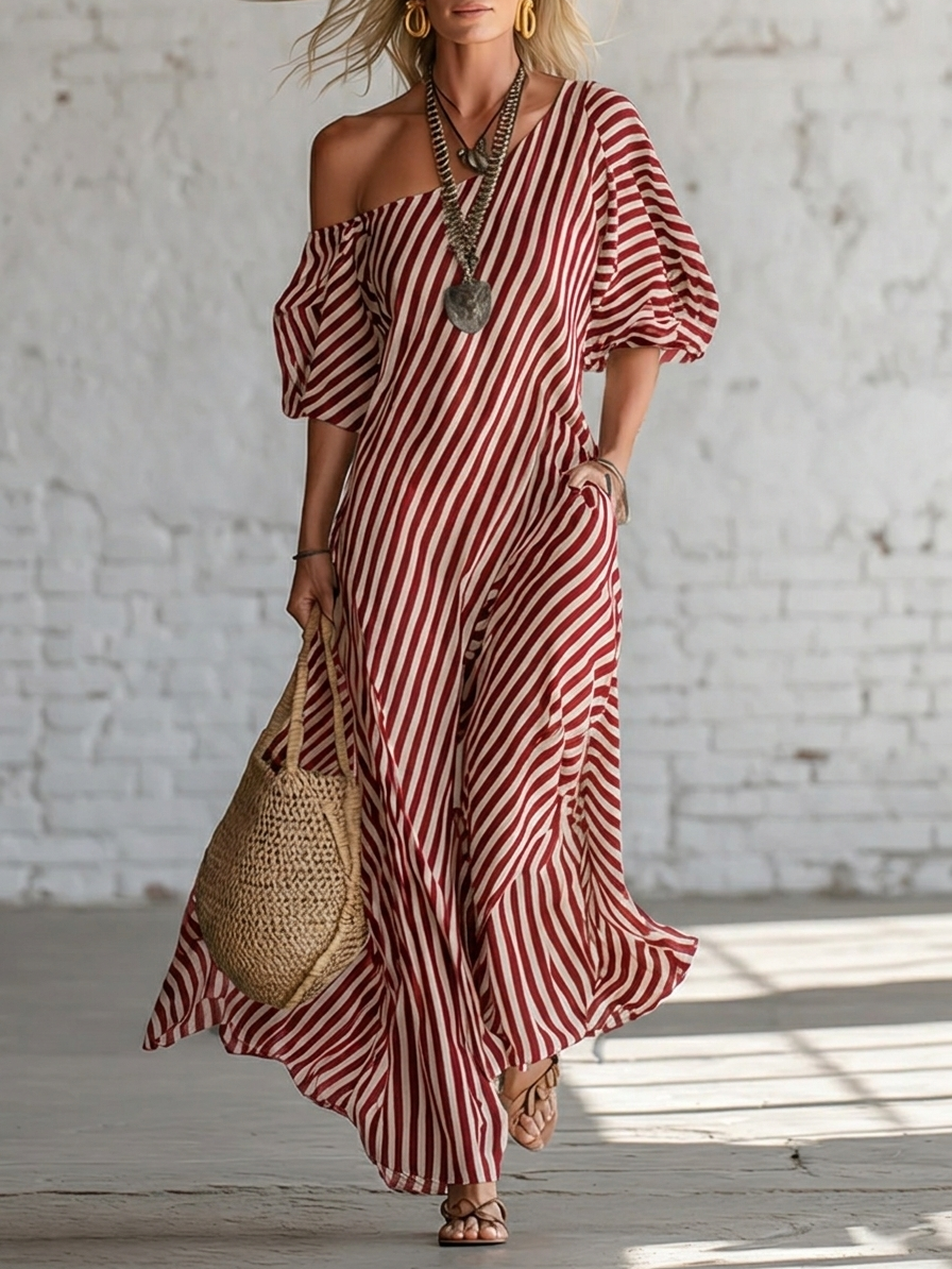 Elegant And Classic Striped Off-shoulder Maxi Dress (Plus Size Friendly)