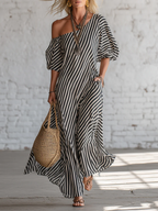 Elegant And Classic Striped Off-shoulder Maxi Dress (Plus Size Friendly)