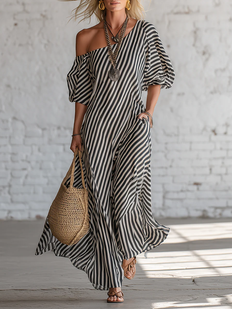 Elegant And Classic Striped Off-shoulder Maxi Dress (Plus Size Friendly)