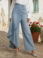 Plus Size Friendly Women's High-waisted Relaxed Fit Wide-leg Jeans With A Stylish Design.