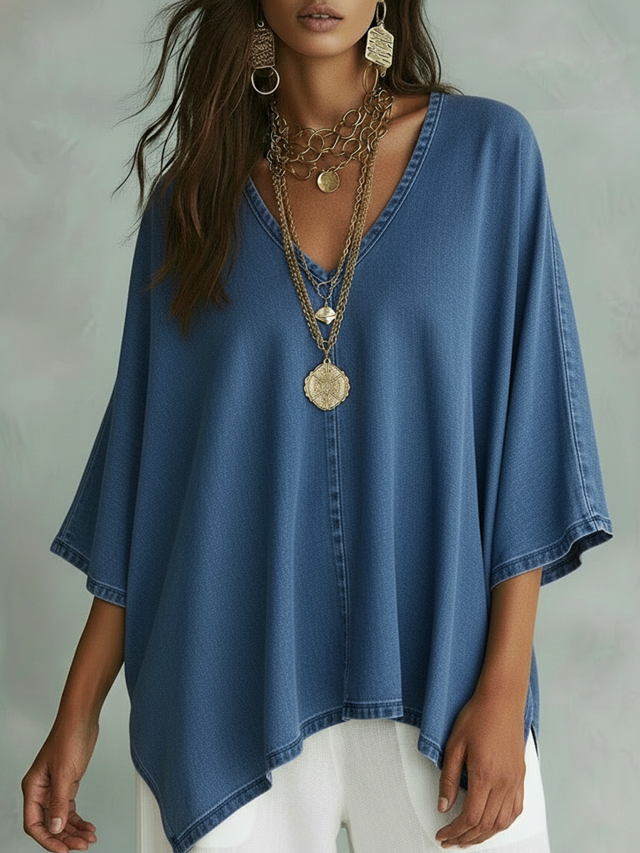 📦📦LAST DAY SAVE 49% ⏰Women’s Relaxed V-Neck Chambray Blouse – Loose Fit & Plus-Size Friendly