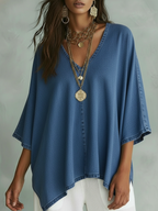 📦📦LAST DAY SAVE 49% ⏰Women’s Relaxed V-Neck Chambray Blouse – Loose Fit & Plus-Size Friendly