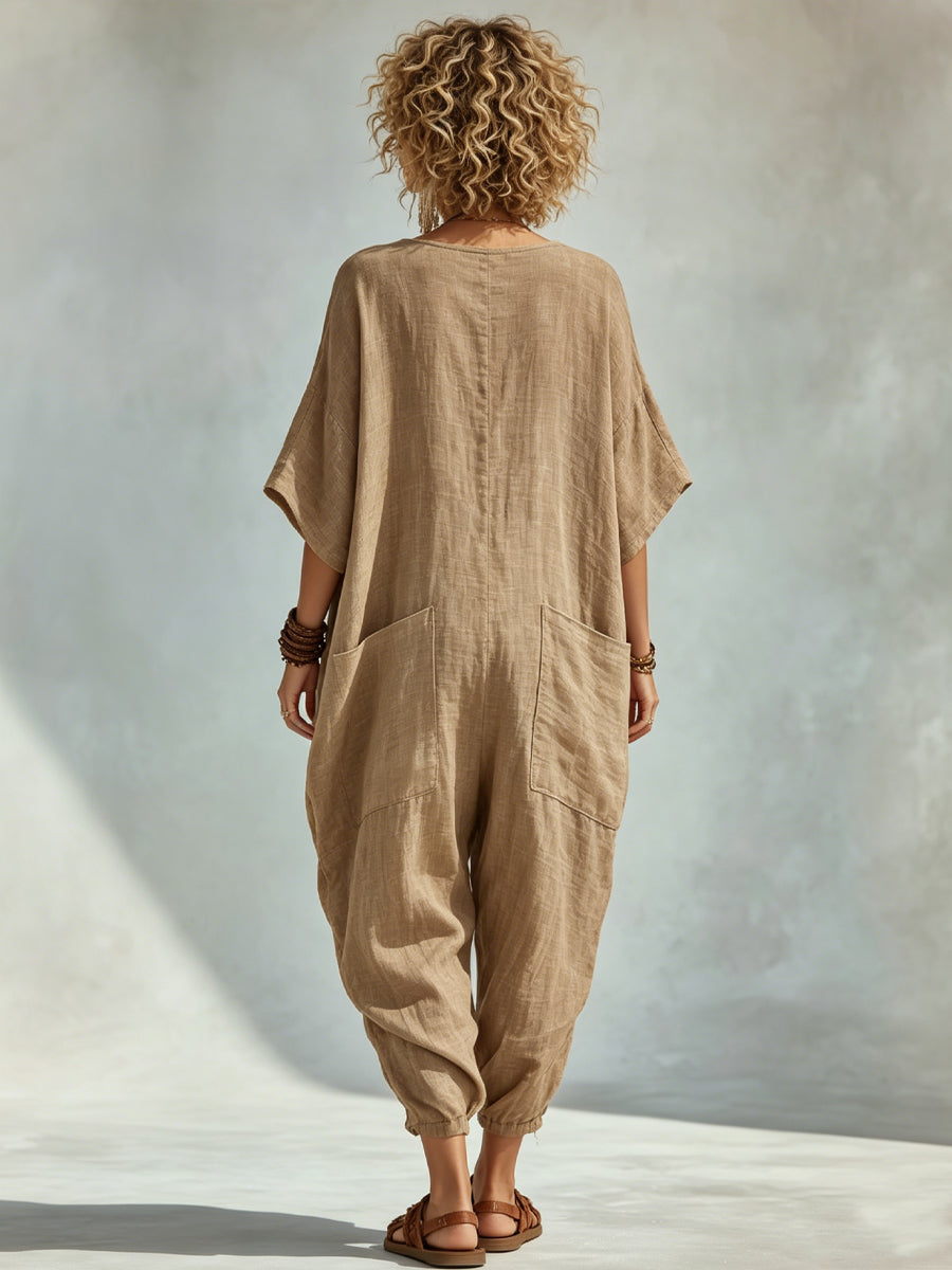 50% OFF NOW - Oversized Linen-look Cotton V-neck Harem Jumpsuit