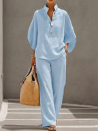 Plus Size Friendly Women’s Batwing Sleeve Linen Cotton Two-Piece Set – Casual Shirt & Wide Leg Pants Outfit