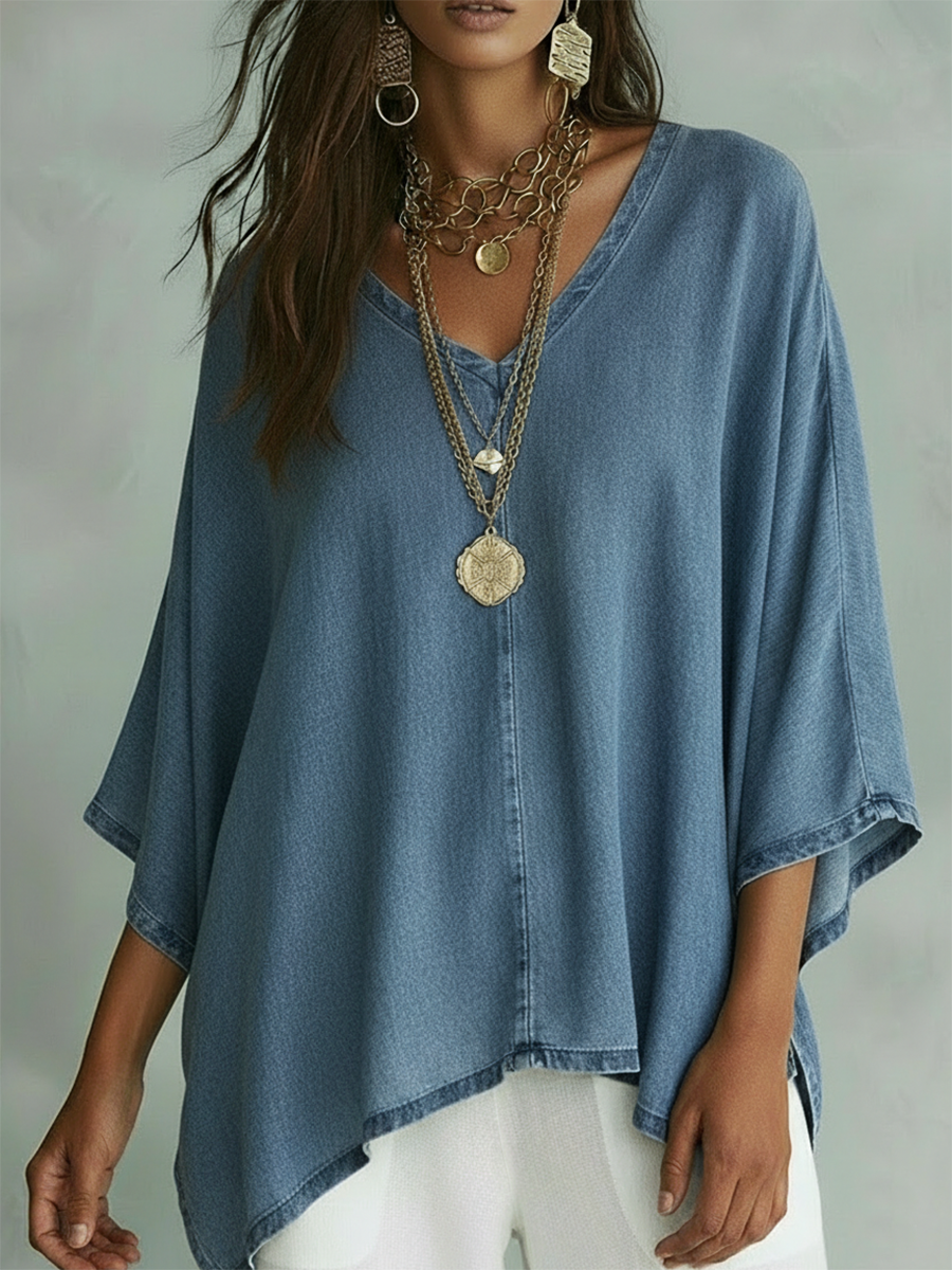 📦📦LAST DAY SAVE 49% ⏰Women’s Relaxed V-Neck Chambray Blouse – Loose Fit & Plus-Size Friendly