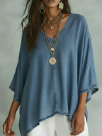 📦📦LAST DAY SAVE 49% ⏰Women’s Relaxed V-Neck Chambray Blouse – Loose Fit & Plus-Size Friendly