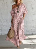 Elegant And Classic Striped Off-shoulder Maxi Dress (Plus Size Friendly)