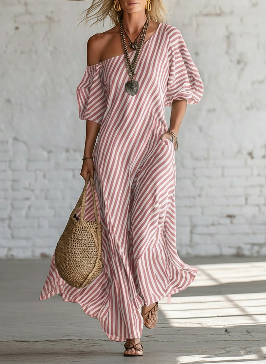 Elegant And Classic Striped Off-shoulder Maxi Dress (Plus Size Friendly)