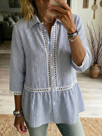 New Arrivals🔥 Women's Casual Patchwork Cutout Shirt, Striped Webbing Linen Cotton Top