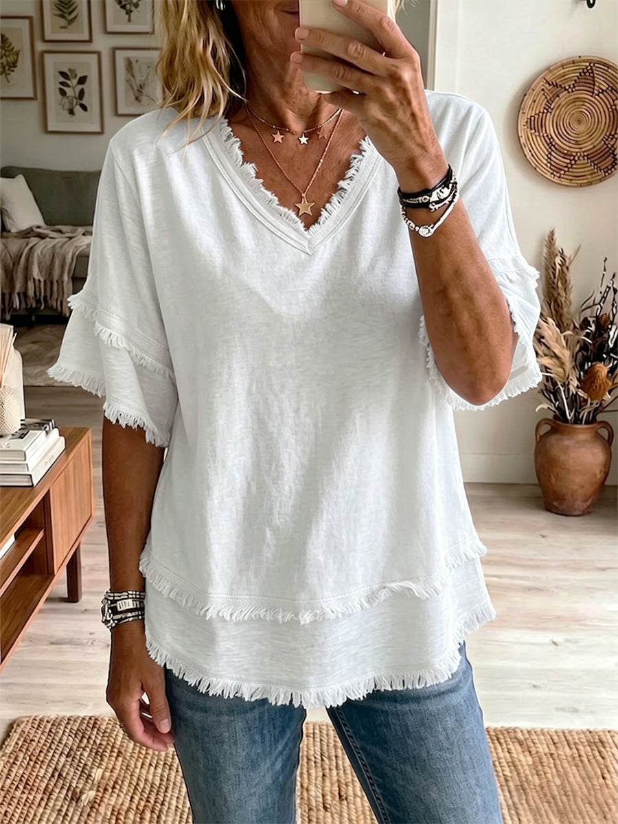 New Arrivals🔥 Casual Short-sleeve Raw-hem Linen-blend Top