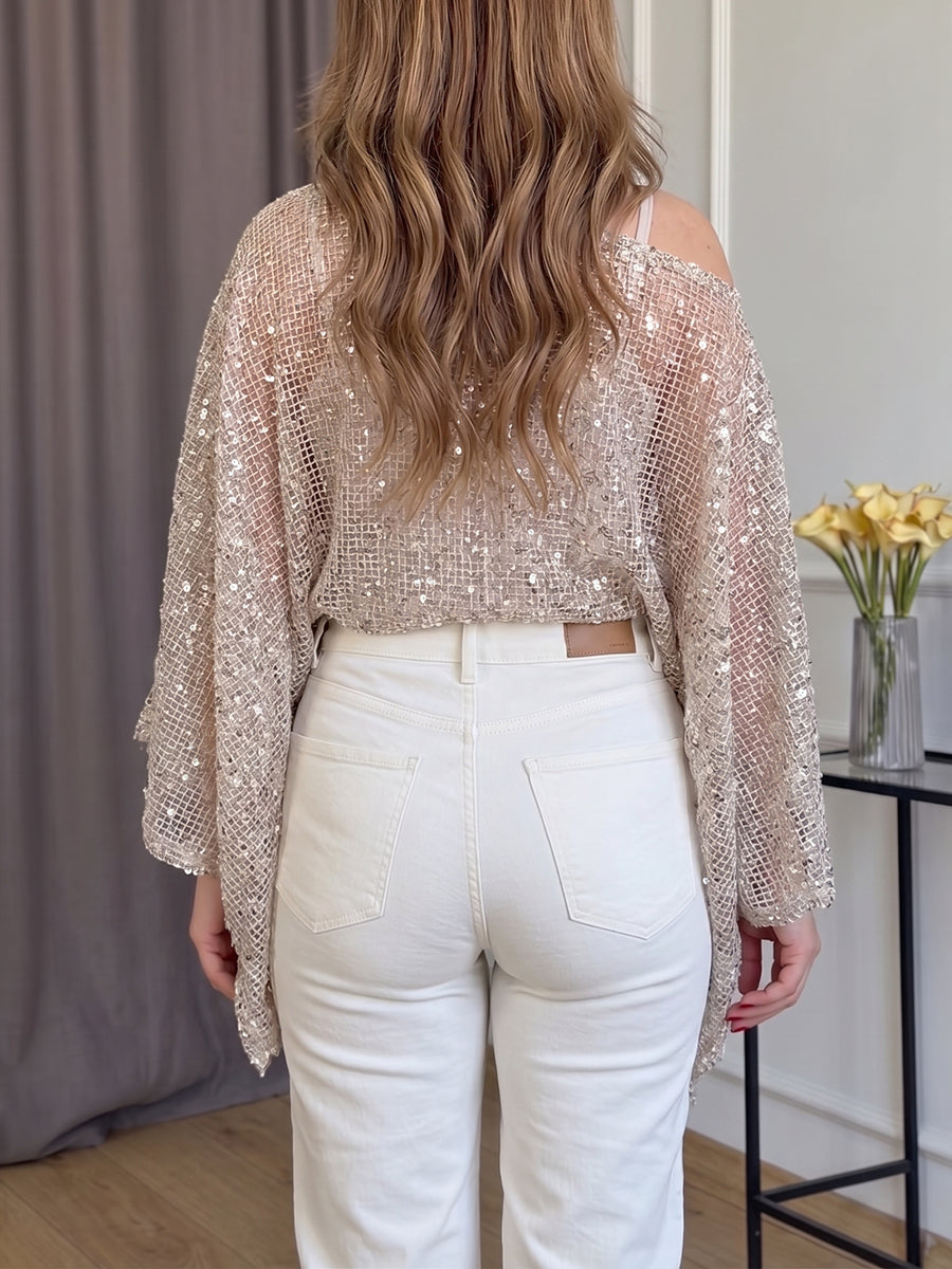 💝💝Women's Off-shoulder Irregular Hem Sequined Mesh Party Top