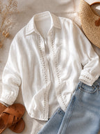 Casual Long-sleeve Linen-cotton Shirt With Spliced cutout Webbing