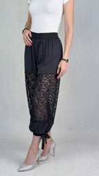 Lightweight Satin Cropped Harem Pants With Star-patterned Lace Inserts