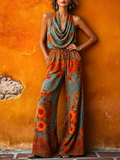 Boho Vintage Cowl-neck Floral Print Jumpsuit