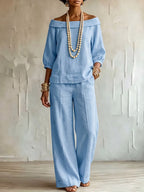 Women's Solid-color Casual Cotton-linen Set: Boat Neck 3/4 Sleeve Loose Top & High-waisted Wide-leg Pants