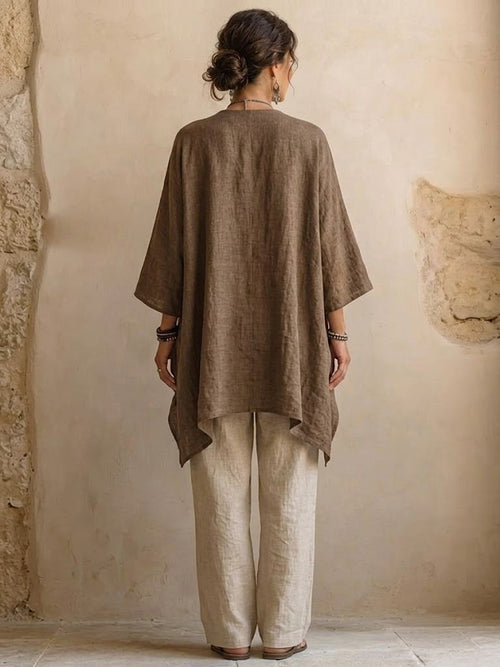 A Three-piece Set Featuring A Casual Cotton-linen Blend Cardigan, Trousers, And A Tank Top.