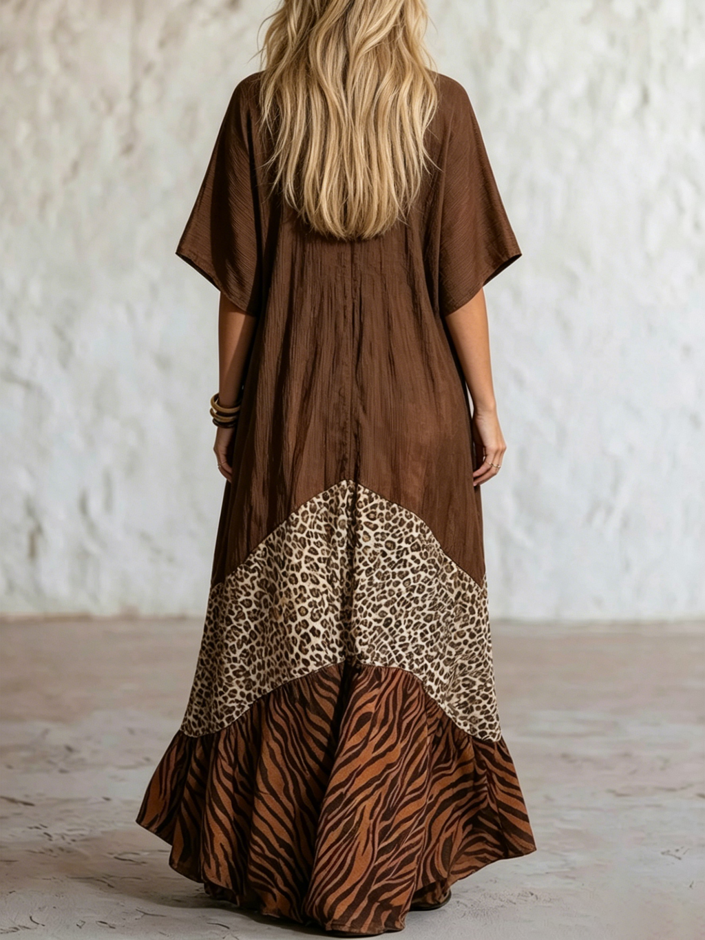 Vintage Bohemian Contrast Animal Print Triple Spliced Flowy Crinkled Maxi Dress