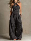 ✨⏰Women's Cross-neck Halter Design Cotton-linen Jumpsuit