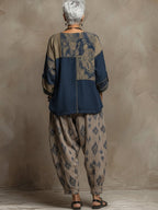Bohemian Paisley Print Linen And Cotton Two-piece Top And Pants Set
