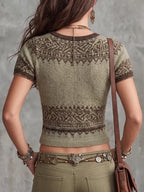 Boho Fair Isle Patterned Knit V-Neck Top