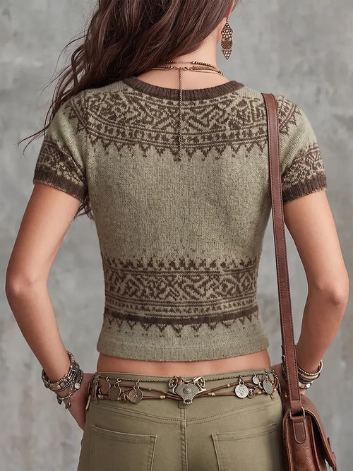 Boho Fair Isle Patterned Knit V-Neck Top
