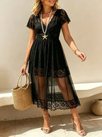 Women's Solid Lace Sheer V-Neck Midi Dress