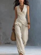Women's Cross-design Top And Wide-leg Pants Cotton-linen Set