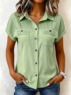 Women's Solid-color Short-sleeve Cotton-linen Shirt With Lapel, Pleated Detail, And Loose Casual Fit