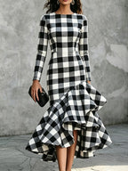 Women's Black White Plaid Ruffled Hem Art Casual Stylish Long Sleeve Dress